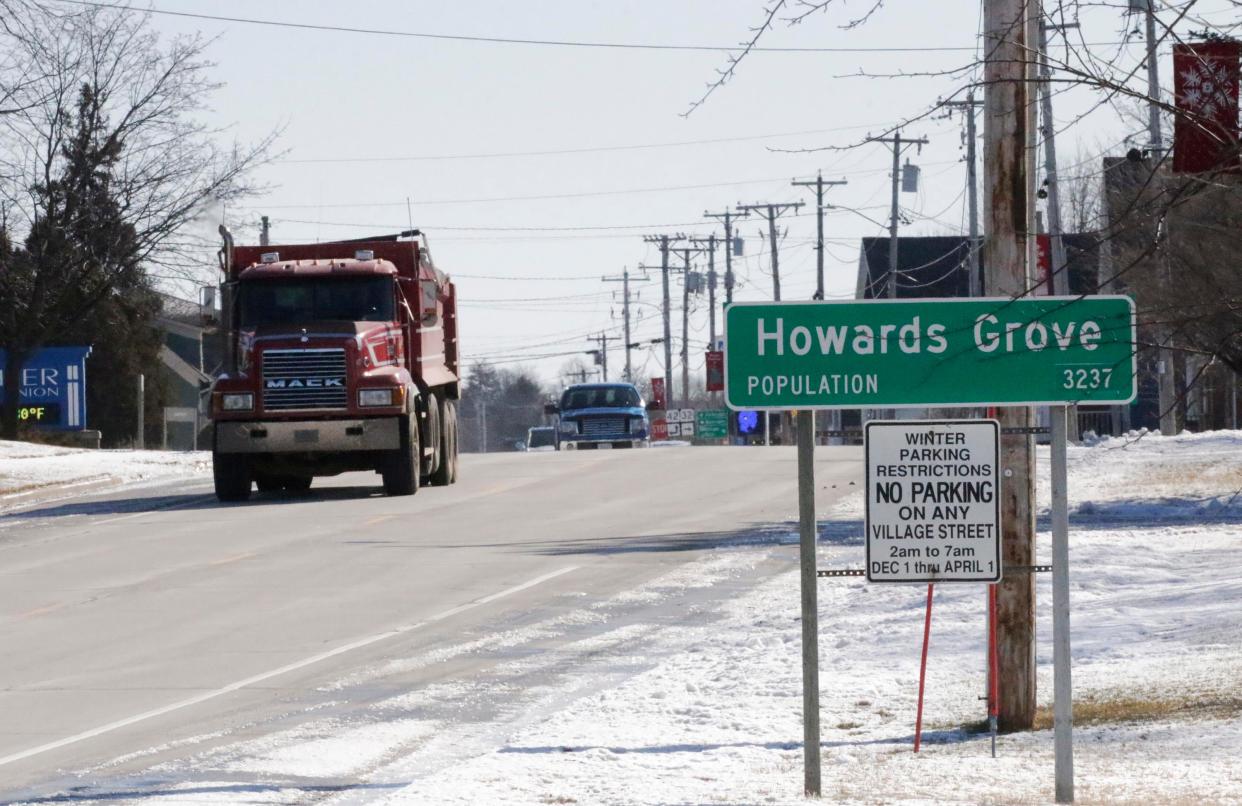 Howards Grove has a population of 3237 according to a sign along state Highway 32, Friday, February 10, 2023, in Howards, Grove, Wis.
