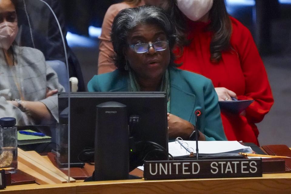 U.S. United Nations Ambassador Linda Thomas-Greenfield address a meeting of the United Nations Security Council on the humanitarian crisis in Ukraine, Thursday March 17, 2022 at U.N. headquarters. (AP Photo/Bebeto Matthews)