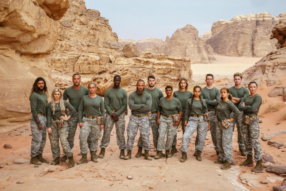 Celebrity SAS 2022 recruits Maisie Smith, Jennifer Ellison, Calum Best, Fatima Whitbread MBE, Pete Wick, Ferne McCann, Ashley Cain, Amber Gill,  AJ Pritchard, Curtis Pritchard, Dwain Chambers, Jade Jones, Shannon Courtenay and Jonathan Broom-Edwards MBE. (C4)