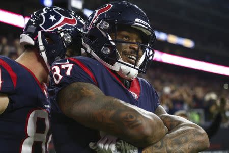 FILE PHOTO: Nov 26, 2018; Houston, TX, USA; Houston Texans wide receiver Demaryius Thomas (87) celebrates after making a touchdown reception during the fourth quarter against the Tennessee Titans at NRG Stadium. Mandatory Credit: Troy Taormina-USA TODAY Sports