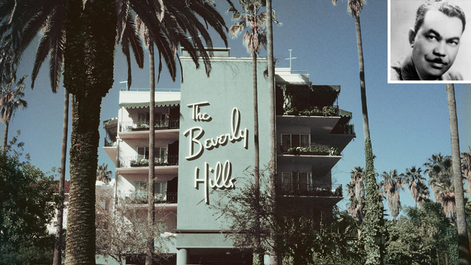 The swoopy logo of The Beverly Hills Hotel and its pink-and-green color scheme was contributed by Paul Williams. - Credit: Slim Aarons/Getty Images