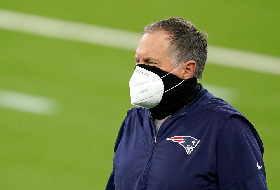 New England Patriots head coach Bill Belichick looks on prior to a game against the Los Angeles Rams at SoFi Stadium.