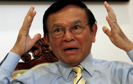 FILE PHOTO: Kem Sokha, leader of the Cambodia National Rescue Party (CNRP), gestures during an interview with Reuters at the CNRP headquarter in Phnom Penh, June 23, 2016. REUTERS/Samrang Pring/File Photo