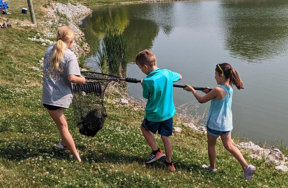Three neighborhood kids struggle to carry a huge snapping turtle to the registration table during the Don Ochs Fishing Derby in rural Solon June 17. Kid and adult anglers are advised never to touch a snapper, but to call for help to net it for safe relocation. From left, they are Kapri Kuennen, Kane Kuennen and Bristol Pernetti.