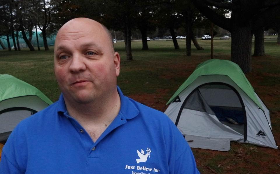 Paul Hulse, president and CEO of Just Believe talks about the needs of the homeless in Ocean County as he helps set up for first annual "Sleep Out". 