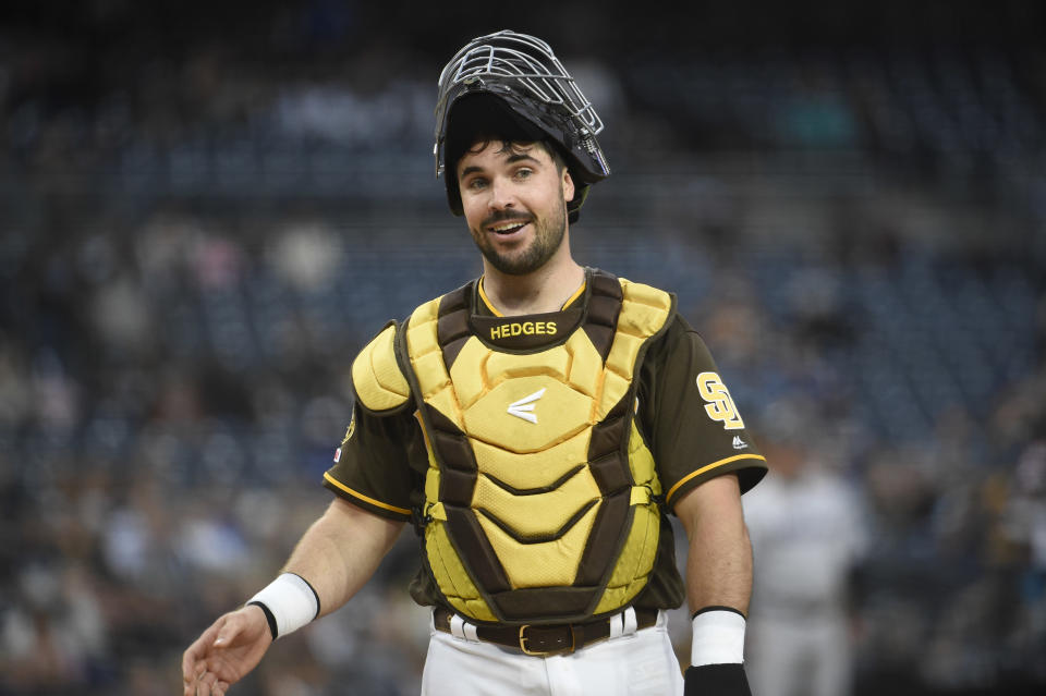 SAN DIEGO, CA - MAY 31: Austin Hedges #18 of the San Diego Padres plays during a baseball game against the Miami Marlins at Petco Park May 31, 2019 in San Diego, California.  (Photo by Denis Poroy/Getty Images)