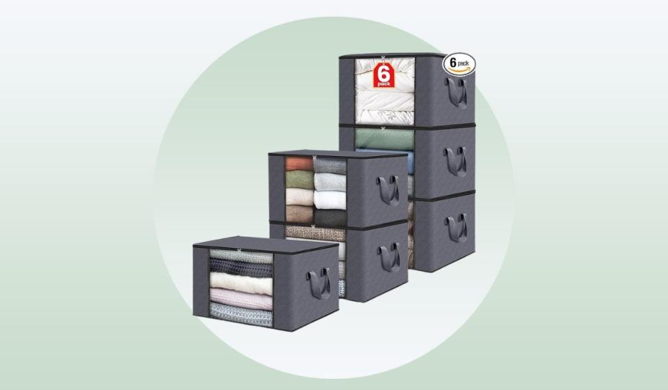 Set of six gray storage bins.