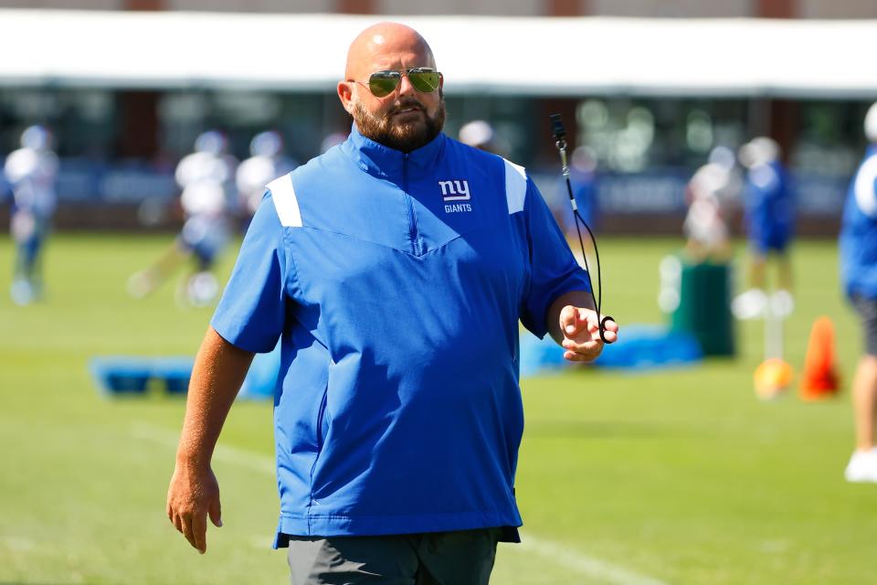 EAST RUTHERFORD, NJ - JULY 30:  Brian Daboll New York Giants head coach during training camp on July 30, 2022 at Quest Diagnostics Training Center in East Rutherford, New Jersey.  (Photo by Rich Graessle/Icon Sportswire via Getty Images)