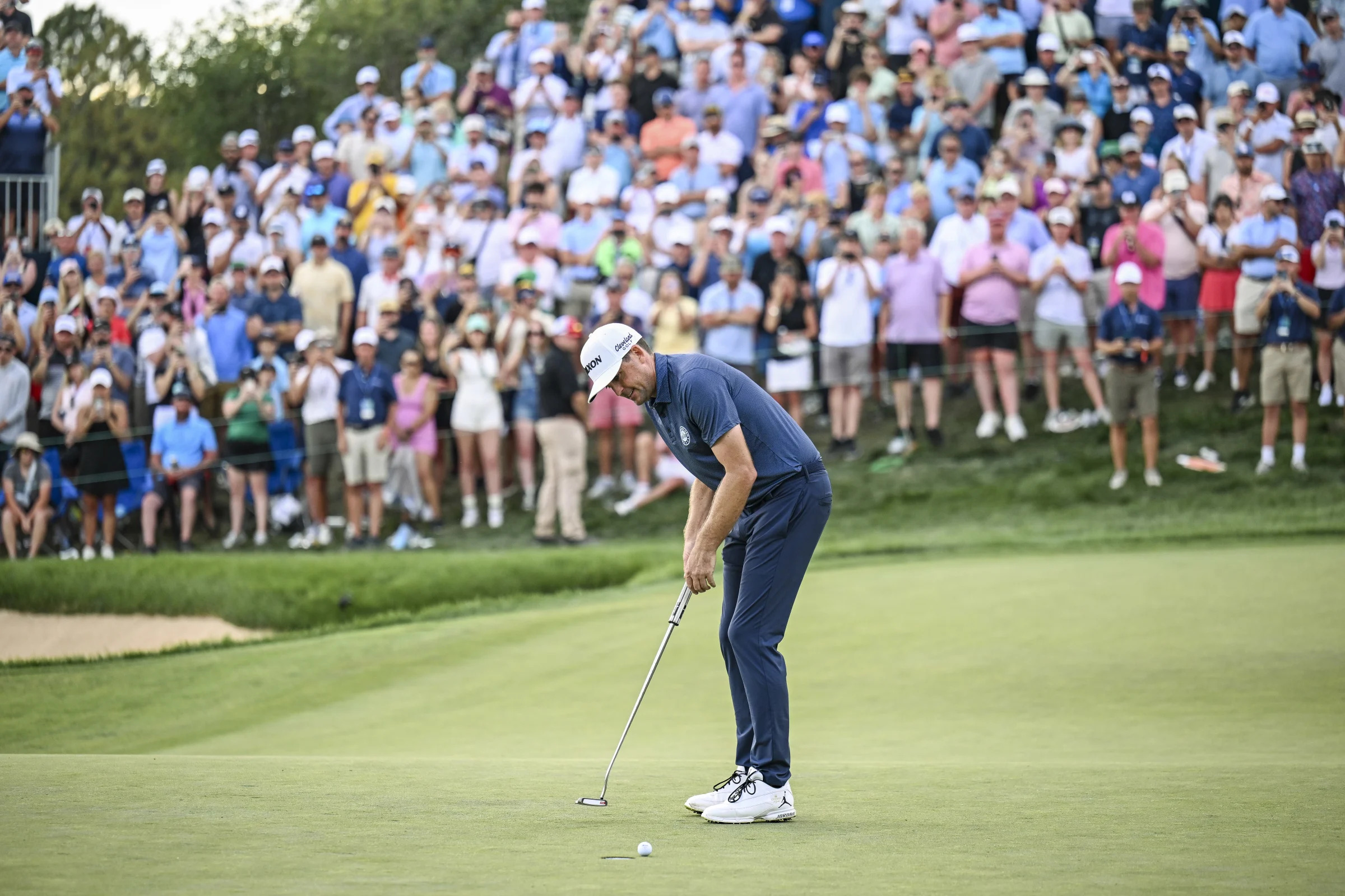 CASTLE ROCK, COLORADO - AUGUST 25:  Keegan Bradley misses a par putt on the 18th hole green during the final round of the BMW Championship, the second event of the FedExCup Playoffs, at Castle Pines Golf Club on August 25, 2024 in Castle Rock, Colorado. (Photo by Keyur Khamar/PGA TOUR via Getty Images)