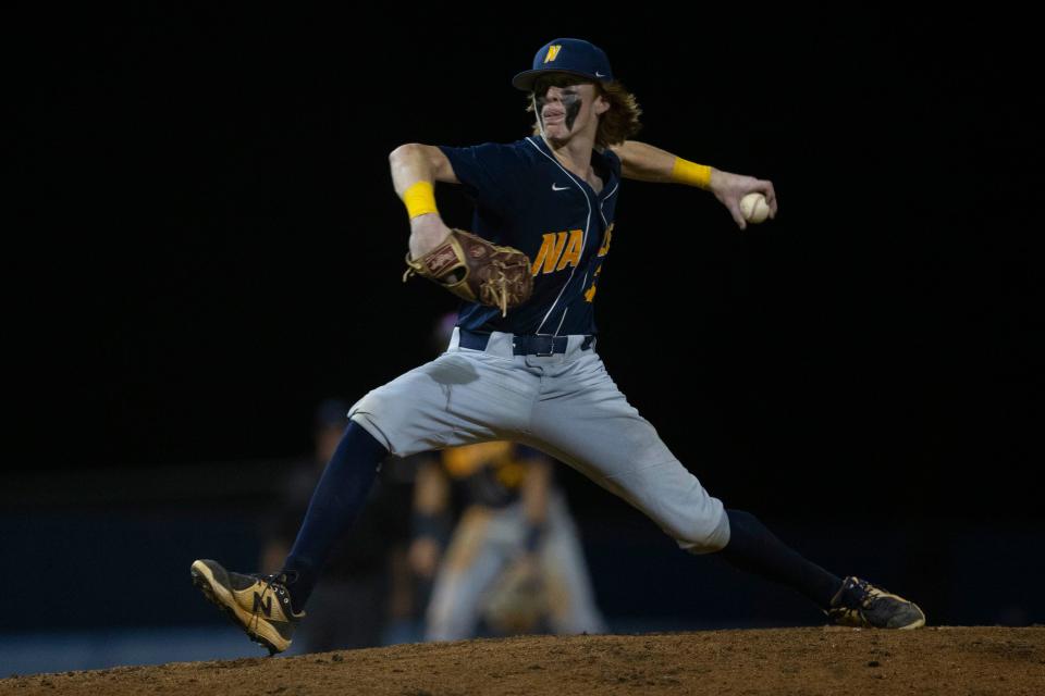 Naples' Johnny King (3) pitches during the bottom of the sixth inning of the FHSAA Class 5A-District 14 baseball championship between Naples High School and Barron Collier High School, Thursday, May 5, 2022, at Barron Collier High School in Naples, Fla.Barron Collier defeated Naples 5-1 to win the Class 5A-District 14 title.