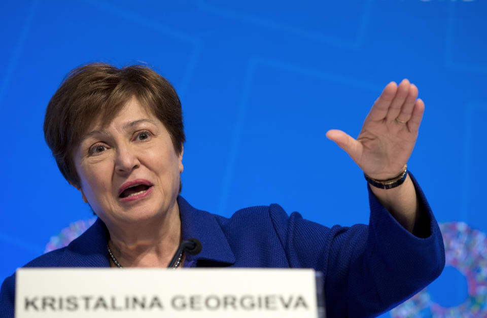 International Monetary Fund Managing Director Kristalina Georgieva speaks during a news conference after the International Monetary and Financial Committee (IMFC) meeting, at the World Bank/IMF Annual Meetings in Washington, Saturday, Oct. 19, 2019. (AP Photo/Jose Luis Magana)