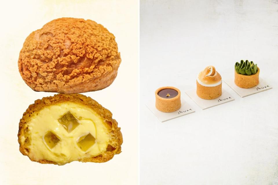 Beyond Zhwaa’s 'choux' (left), another best selling product is a trio of delicate tarts — Chocolate Ganache, Lemon Meringue and Matcha (right). — Picture courtesy of Zhwaa