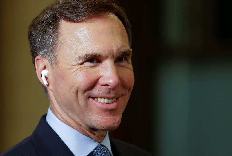 Canada's Minister of Finance Morneau waits to do a television interview about the Economic and Fiscal Snapshot in Ottawa