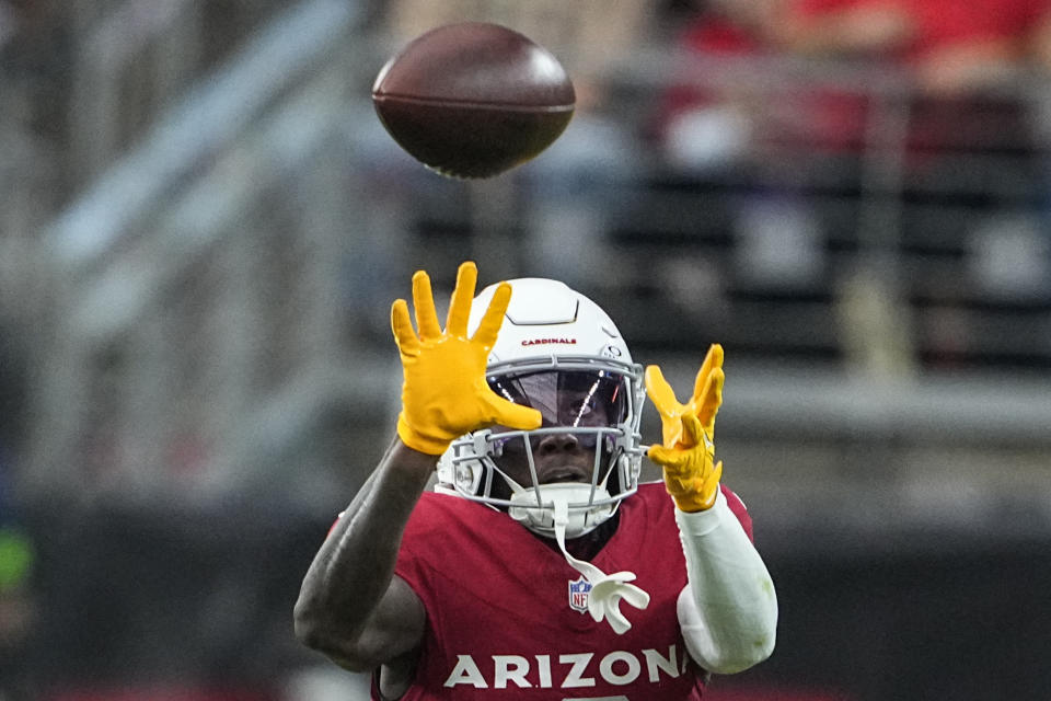 Arizona Cardinals wide receiver Marquise Brown (2) makes the catch against the Atlanta Falcons during the first half of an NFL football game, Sunday, Nov. 12, 2023, in Glendale, Ariz. (AP Photo/Matt York)