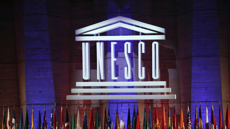 The logo of the United Nations Educational, Scientific and Cultural Organisation is seen during the 39th session of the General Conference at the UNESCO headquarters in Paris, Saturday, Nov. 4, 2017. The United States is ready to rejoin UNESCO after a decade-long dispute.