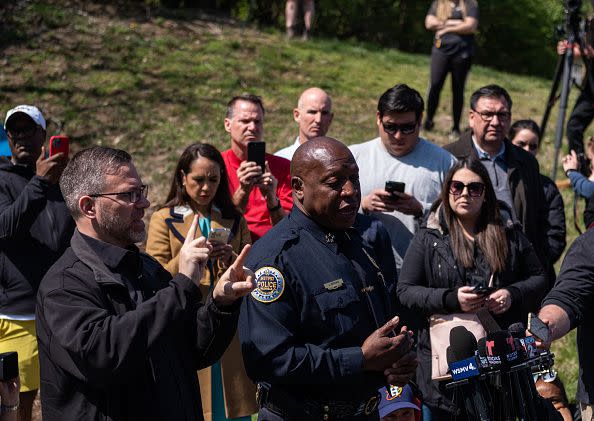 NASHVILLE, TN - MARCH 28: Chief of Police John Drake delivers a press briefing at the entrance of The Covenant School on March 28, 2023 in Nashville, Tennessee. According to reports, three students and three adults were killed by the 28-year-old shooter on Monday.  (Photo by Seth Herald/Getty Images)