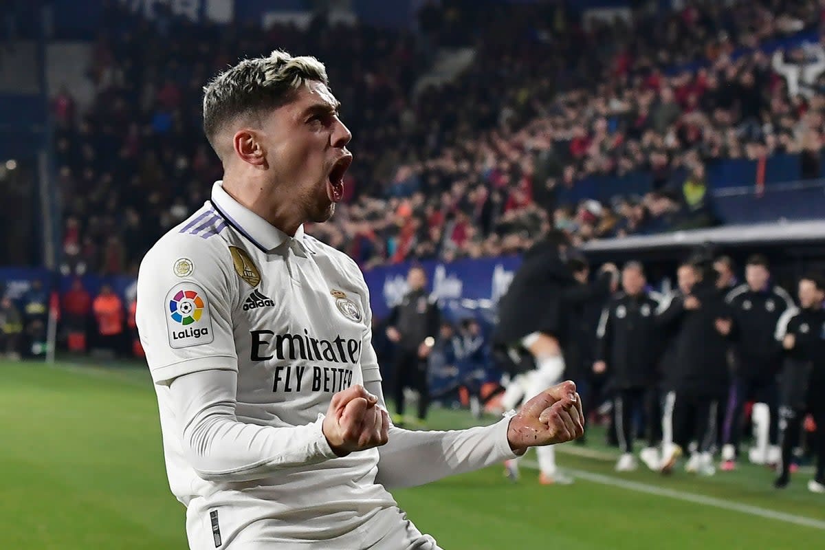 Real Madrid’s Federico Valverde celebrates after scoring the opening goal at Osasuna (Alvaro Barrientos/AP) (AP)