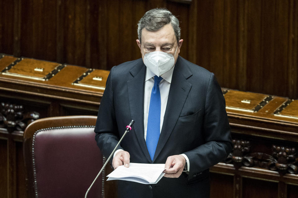 Italian Prime Minister Mario Draghi addresses the Chamber of Deputies on the next European Council meeting taking place June 24 and 25, in Rome, Wednesday, June 23, 2021. (Roberto Monaldo/LaPresse via AP)