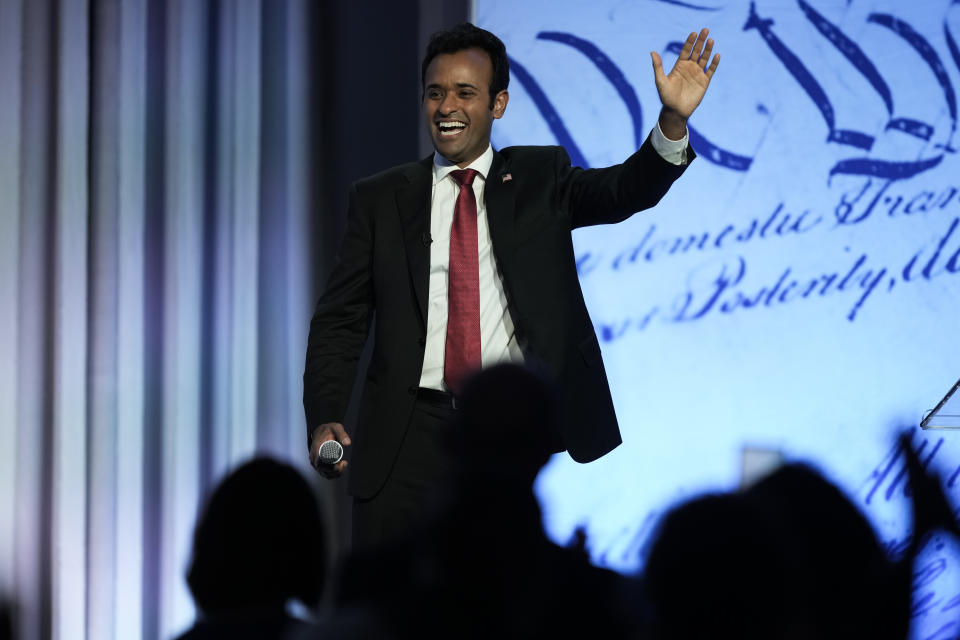 Republican presidential candidate and businessman Vivek Ramaswamy arrives at the Moms for Liberty meeting in Philadelphia, Saturday, July 1, 2023. (AP Photo/Matt Rourke)
