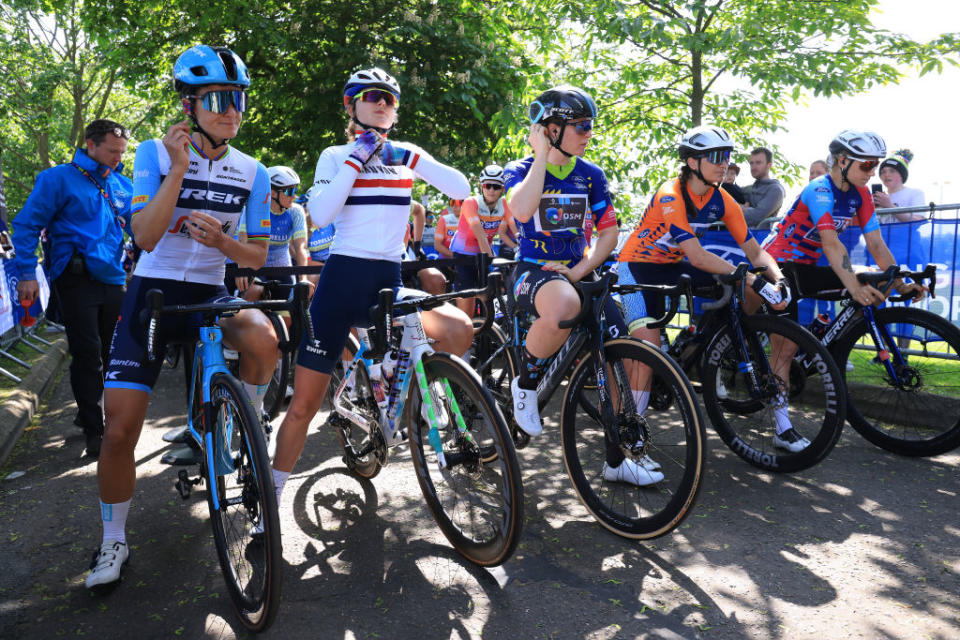 MALDON ENGLAND  MAY 27 LR Elizabeth Deignan of The United Kingdom and Team Trek  Segafredo Alice Towers of The United Kingdom and Team CanyonSRAM Racing Charlotte Kool of The Netherlands and Team DSM  Blue Leader Jersey Hanna Johansson of Sweden and Team Torelli  Orange Mountain Jersey and Clara Copponi of France and Team FDJ  SUEZ  Sprint Jersey prior to the 6th RideLondon Classique 2023 Stage 2 a 1331km stage from Maldon to Maldon  UCIWWT  on May 27 2023 in Maldon England Photo by Stephen PondGetty Images