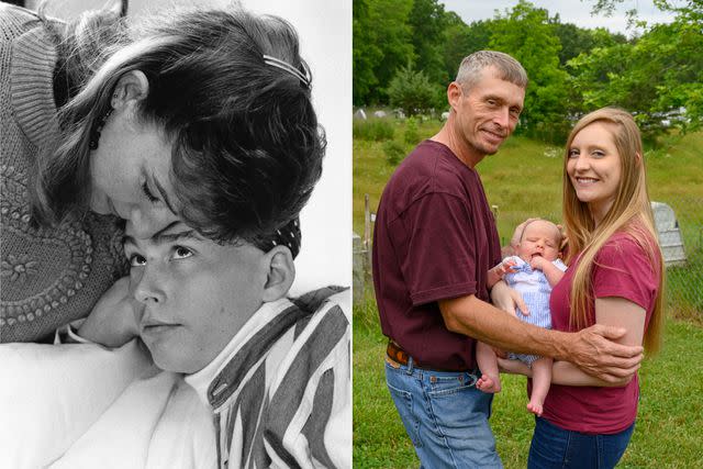 <p>Courtesy of Harry Connolly</p> Keith Patrick with mom Dawn (left); Keith Patrick with wife Meggin and son Noah (right)