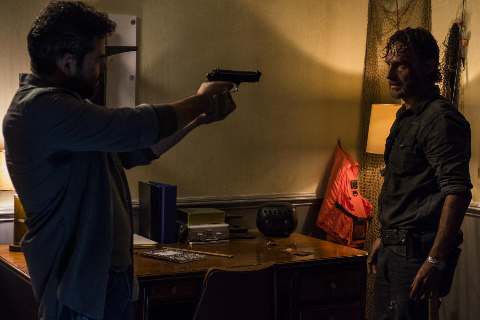 Andrew Lincoln as Rick Grimes, Juan Gabriel Pareja as Morales in <em>The Walking Dead</em>. (Photo: Gene Page/AMC)