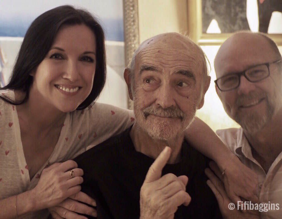 Sean Connery smiles with his son Jason and his partner Fiona Upton, last year in what is believed to be the last photo of the acting legend. Source: Twitter/@fifibaggins 