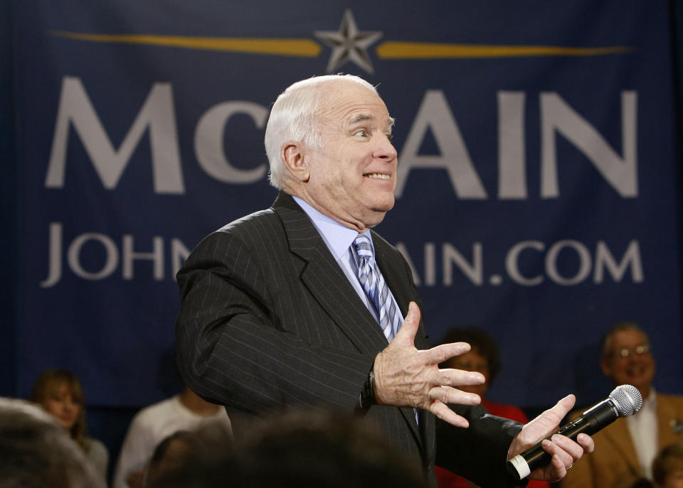 Sen. John McCain reacts during a campaign event at the Fantasy of Flight museum in Polk City, Fla., on Jan. 27, 2008. (Photo: Charles Dharapak/AP)