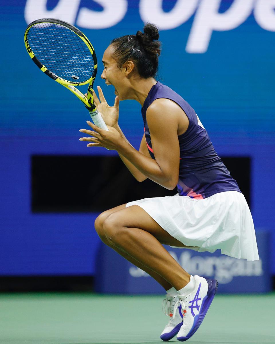 Leylah Annie Fernandez of Canada celebrates winning match point to defeat Aryna Sabalenka of Belarus during her Women’s Singles semifinals match on Day Eleven of the 2021 US Open.