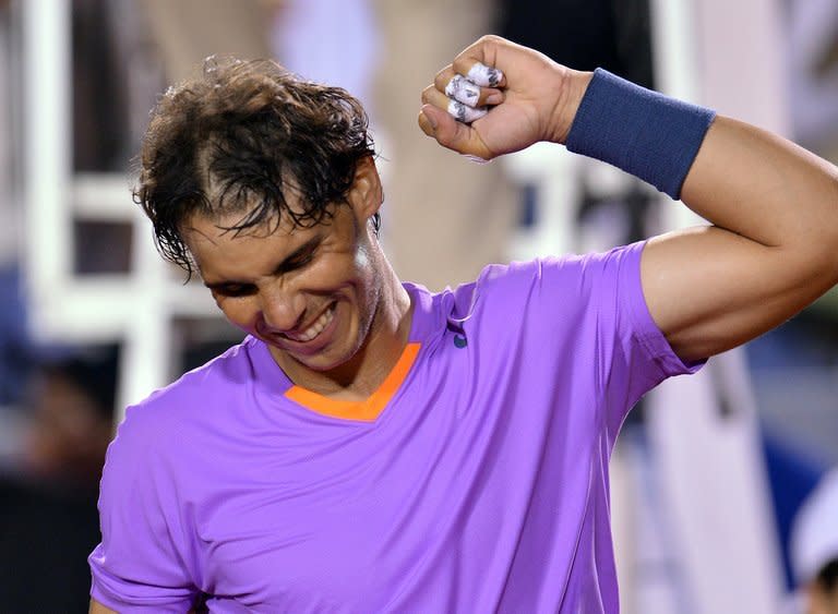 Spanish tennis player Rafael Nadal celebrates victory over France's Jeremy Chardy in Vina del Mar, Chile, on February 9, 2013. Nadal looked sharp as he beat Chardy 6-2, 6-2 to reach the final