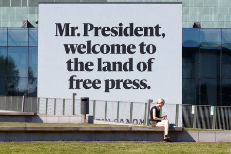 A message is displayed on a video wall at the Helsinki Music Centre, ahead of meeting between the U.S. President Donald Trump and Russian President Vladimir Putin in Helsinki, Finland July 15, 2018. REUTERS/Ints Kalnins