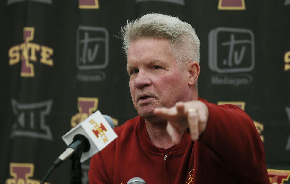 Iowa State coach Bill Fennelly speaks with reporters during women’s basketball media day at Sukup Basketball Complex on Thursday in Ames.