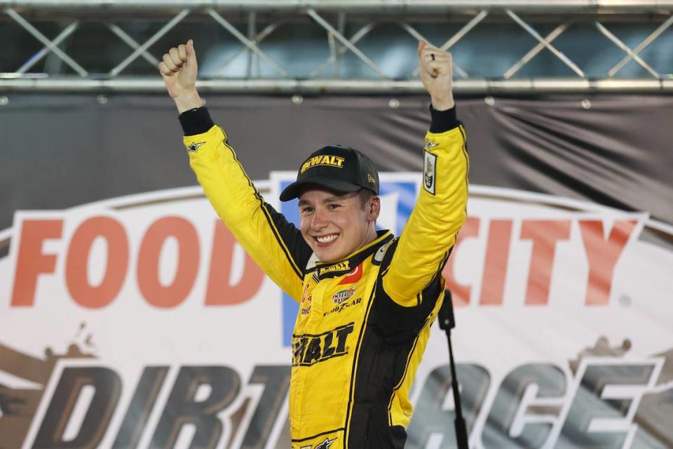 NASCAR Cup Series driver Christopher Bell (20) wins the Food City Dirt Race at the Bristol Motor Speedway Dirt Course.