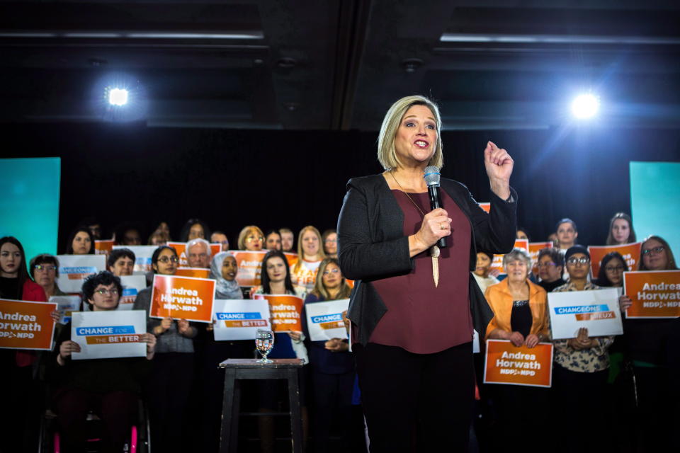 Ontario NDP leader Andrea Horwath makes a campaign announcement in Toronto. THE CANADIAN PRESS/Chris Donovan