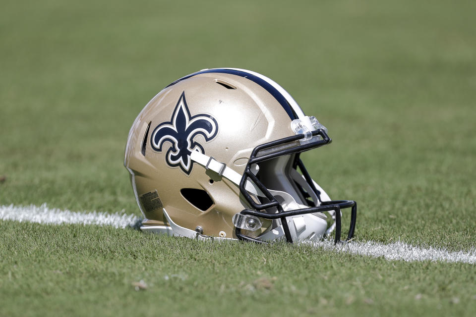 JACKSONVILLE, FL - OCTOBER 13: A New Orleans Saints helmet is shown on the field before a game against the Jacksonville Jaguars at TIAA Bank Field on October 13, 2019 in Jacksonville, Florida. The Saints defeated the Jaguars 13-6. (Photo by Don Juan Moore/Getty Images)