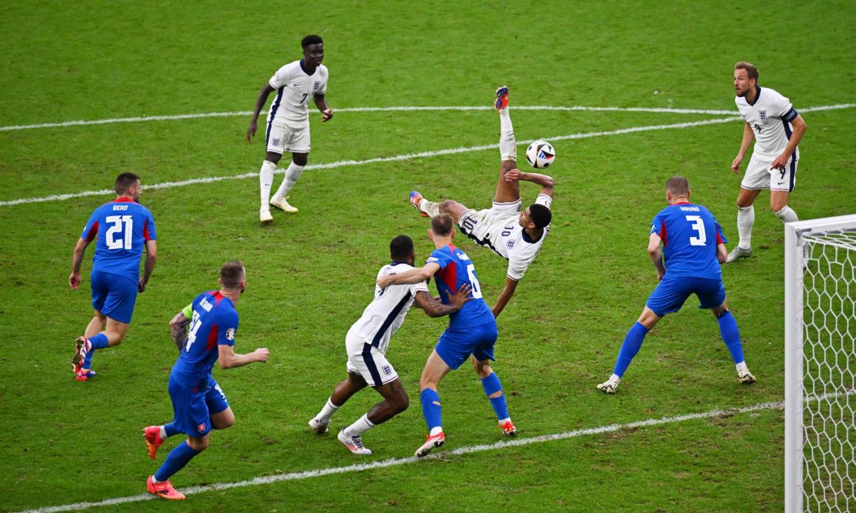 <span>Jude Bellingham’s acrobatic equaliser kept England in Euro 2024 – but some fans had already left the ground.</span><span>Photograph: Oliver Hardt/Uefa/Getty Images</span>