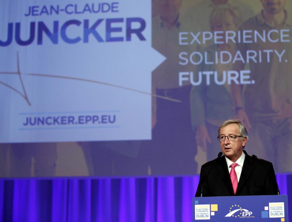Jean-Claude Juncker speaks to delegates during the European People's Party Elections Congress at the convention centre, Dublin, Ireland, Friday, March 7, 2014. Conservative politicians from across Europe have elected former Luxembourg Prime Minister Jean-Claude Juncker as their candidate for the presidency of the European Commission, the most powerful post in the European Union. Juncker triumphed Friday at a European People's Party convention in Dublin, where he defeated Michel Barnier of France. (AP Photo/Peter Morrison)