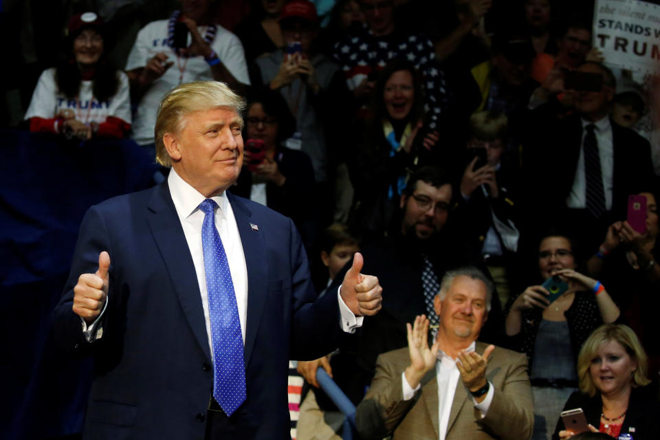 Republican U.S. presidential nominee Donald Trump arrives for a campaign rally in Johnstown, Pennsylvania, U.S. October 21, 2016. REUTERS/Jonathan Ernst