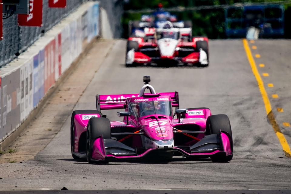 NTT IndyCar Series driver Kyle Kirkwood (27) approaches turn eleven during the Music City Grand Prix in Nashville, Tenn., Sunday, Aug. 6, 2023.