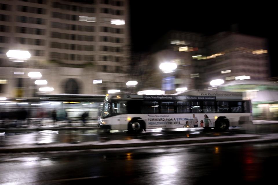 A RIPTA bus stops in Kennedy Plaza in Providence.