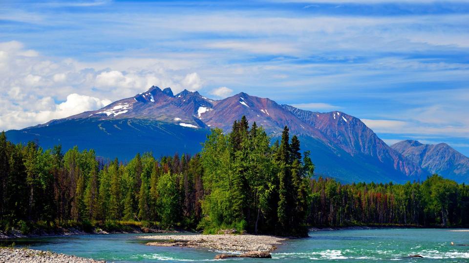 A scenic view of Hudson Bay mountain with the famous Bulkley river in the foreground taken near Smithers, British Columbia Canada