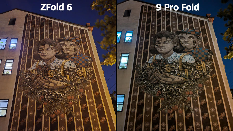 A composite image comparing samples from the Galaxy Z Fold 6 and the Pixel 9 Pro Fold, featuring a mural on a building at night.