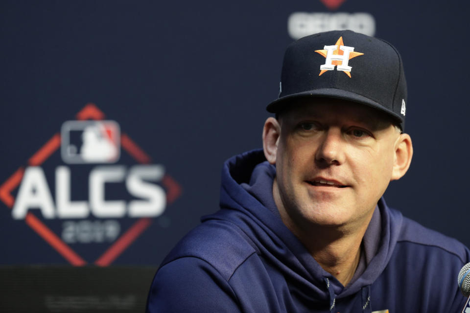 Houston Astros manager AJ Hinch talks to the media before a practice for a baseball American League Championship Series in Houston, Friday, Oct. 11, 2019. Houston will face the New York Yankees on Saturday. (AP Photo/Eric Gay)