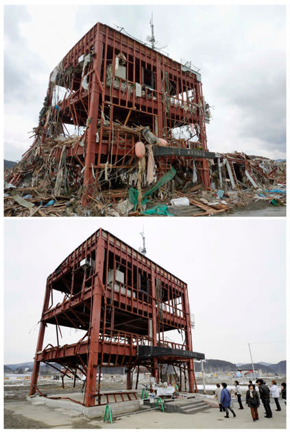 A tsunami-devastated disaster prevention office building in Minamisanriku town, Miyagi prefecture is seen in these images taken March 26, 2011 (top) and March 2, 2012, in this combination photo released by Kyodo on March 7, 2012, ahead of the one-year anniversary of the March 11 earthquake and tsunami. Mandatory Credit REUTERS/Kyodo