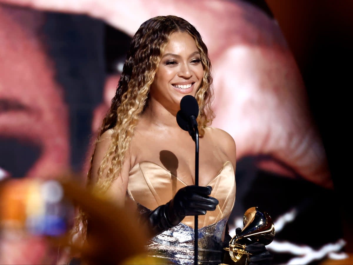 Beyoncé accepts the Grammy Award for Best Dance/Electronic Album for ‘Renaissance’ during the 65th Grammy Awards on 5 February 2023 in Los Angeles, California (Emma McIntyre/Getty Images for The Recording Academy)