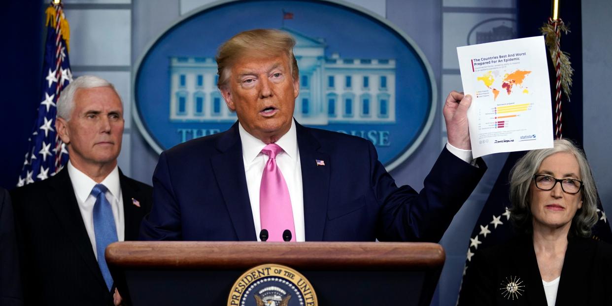 President Donald Trump, with members of the President's Coronavirus Task Force, holds a paper about countries best and least prepared to deal with a pandemic, during a news conference in the Brady Press Briefing Room of the White House, Wednesday, Feb. 26, 2020, in Washington. (AP Photo/Evan Vucci)