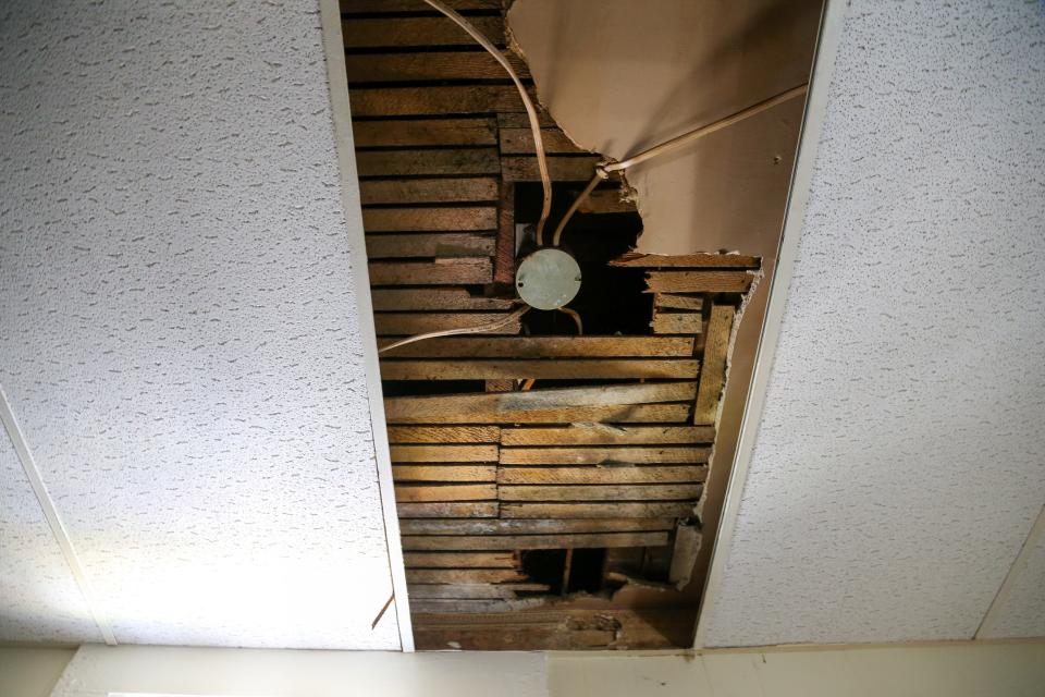 A hole in the ceiling of the house where Angela Moody and Randall Tanksely were renting from Chaofeng Liu, an adjunct professor at Purdue University in the Department of Statistics, on Monday, June 5, 2023, in Lafayette, Ind.