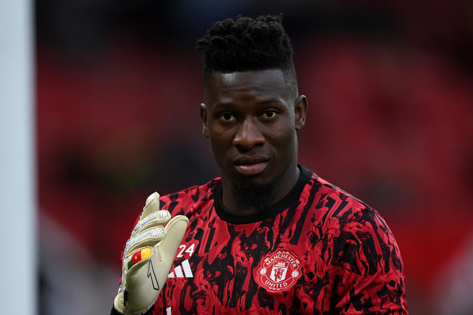 André Onana of Manchester United warms up ahead of the Premier League match between Manchester United and Wolverhampton Wanderers at Old Trafford on August 14, 2023 in Manchester, England. (Photo by Gareth Copley/Getty Images)