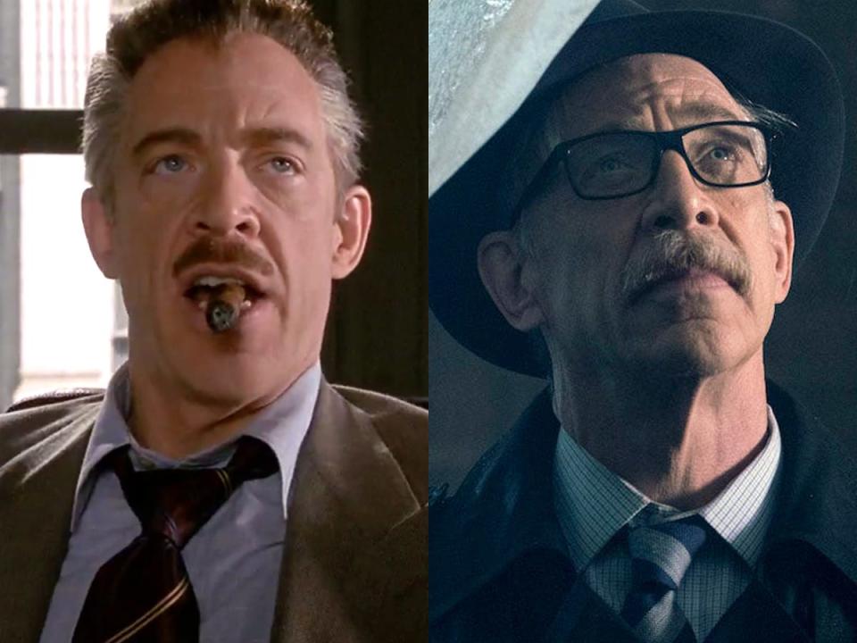 On the left: J.K. Simmons as J. Jonah Jameson in "Spider-Man." On the right: Simmons as Jim Gordon in "Justice League."