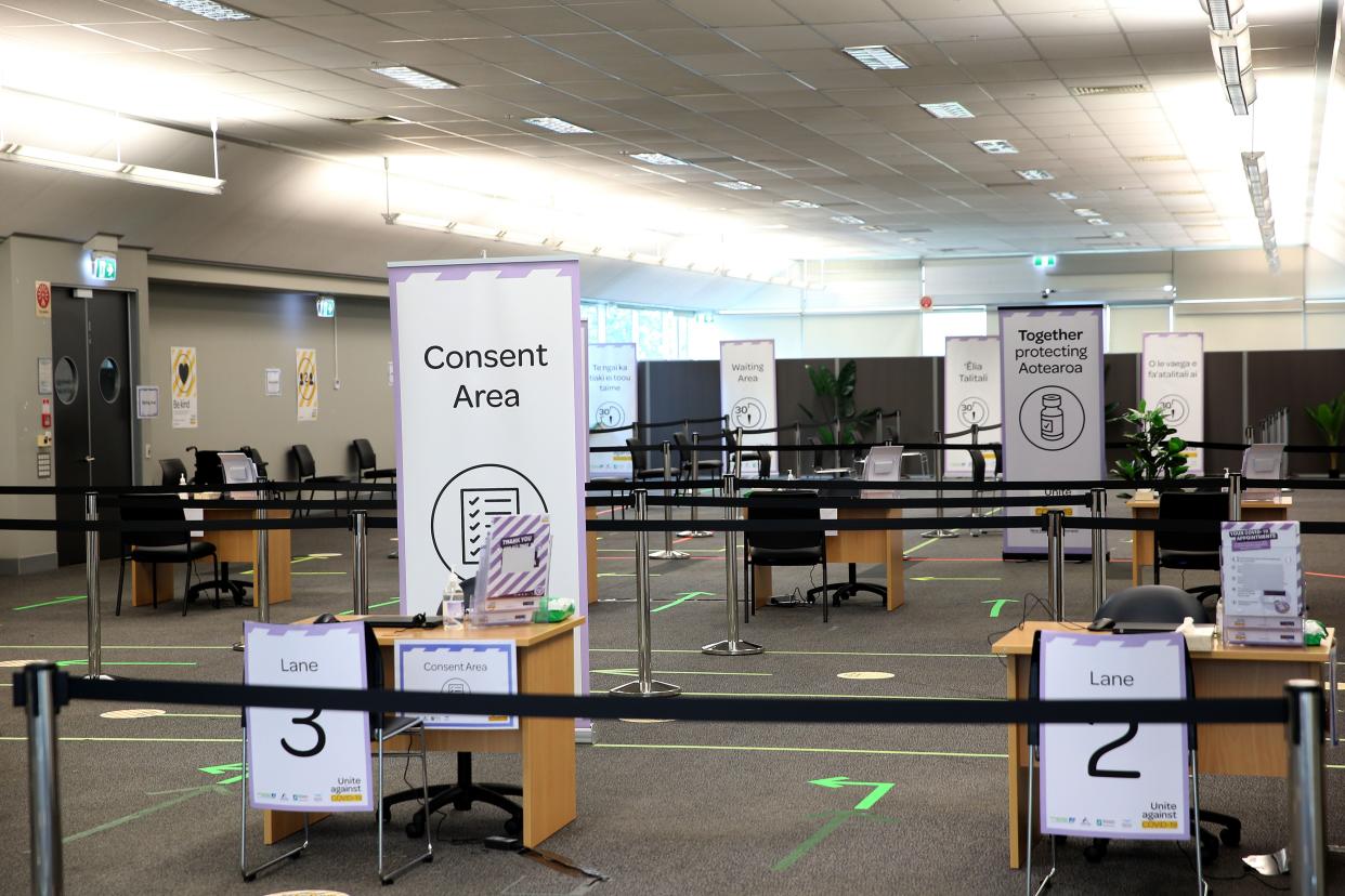 Vaccination booths and signage are pictured inside a South Auckland vaccination clinic on March 09, 2021, in Auckland, New Zealand. New Zealand's first large-scale COVID-19 vaccination clinic is opening in Auckland, with border workers' families the first of the wider New Zealand public to receive their coronavirus vaccinations.